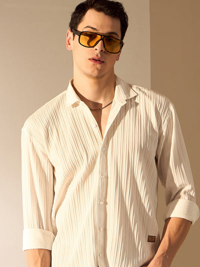 White: Full Sleeves Self-Design Oversized Shirt