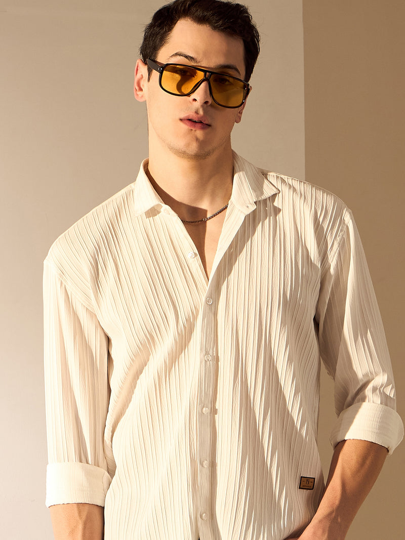 White: Full Sleeves Self-Design Oversized Shirt