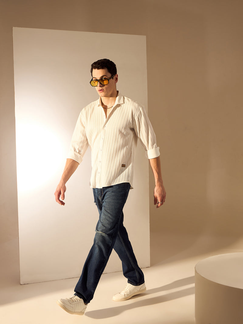 White: Full Sleeves Self-Design Oversized Shirt