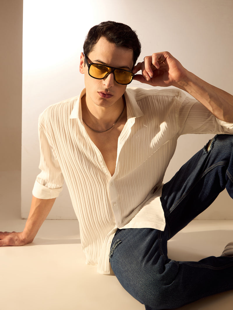 White: Full Sleeves Self-Design Oversized Shirt
