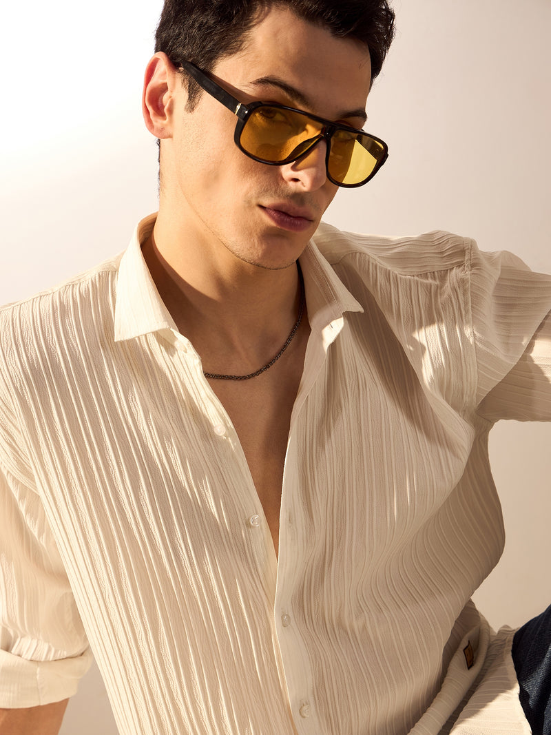 White: Full Sleeves Self-Design Oversized Shirt