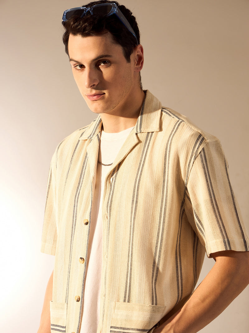 Beige & Black: Half Sleeves Crochet Oversized Striped Shirt