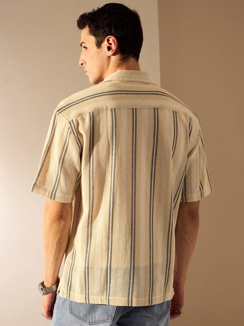 Beige & Black: Half Sleeves Crochet Oversized Striped Shirt