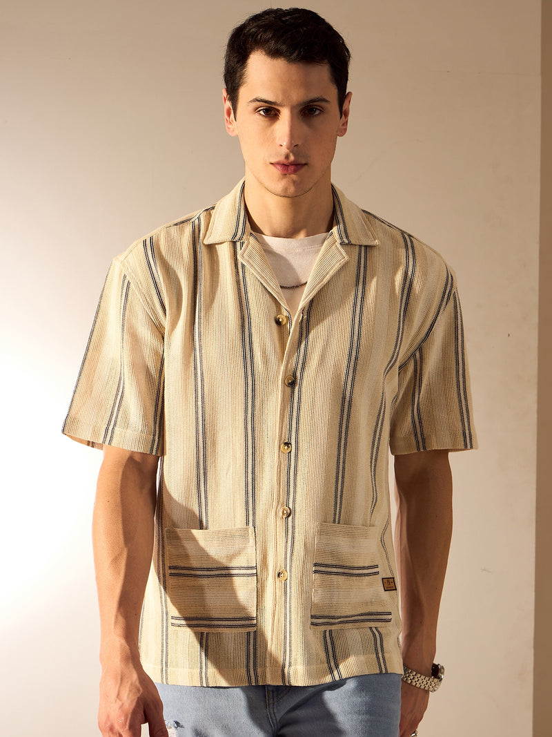 Beige & Black: Half Sleeves Crochet Oversized Striped Shirt