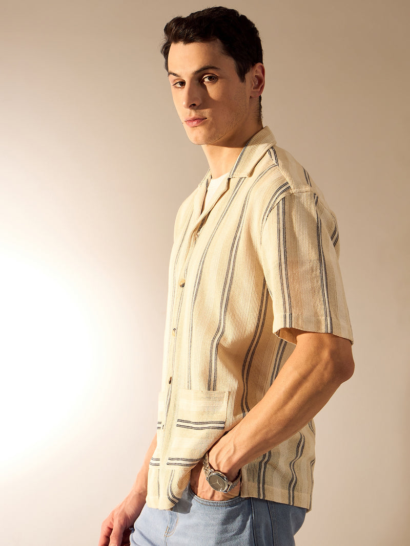 Beige & Black: Half Sleeves Crochet Oversized Striped Shirt