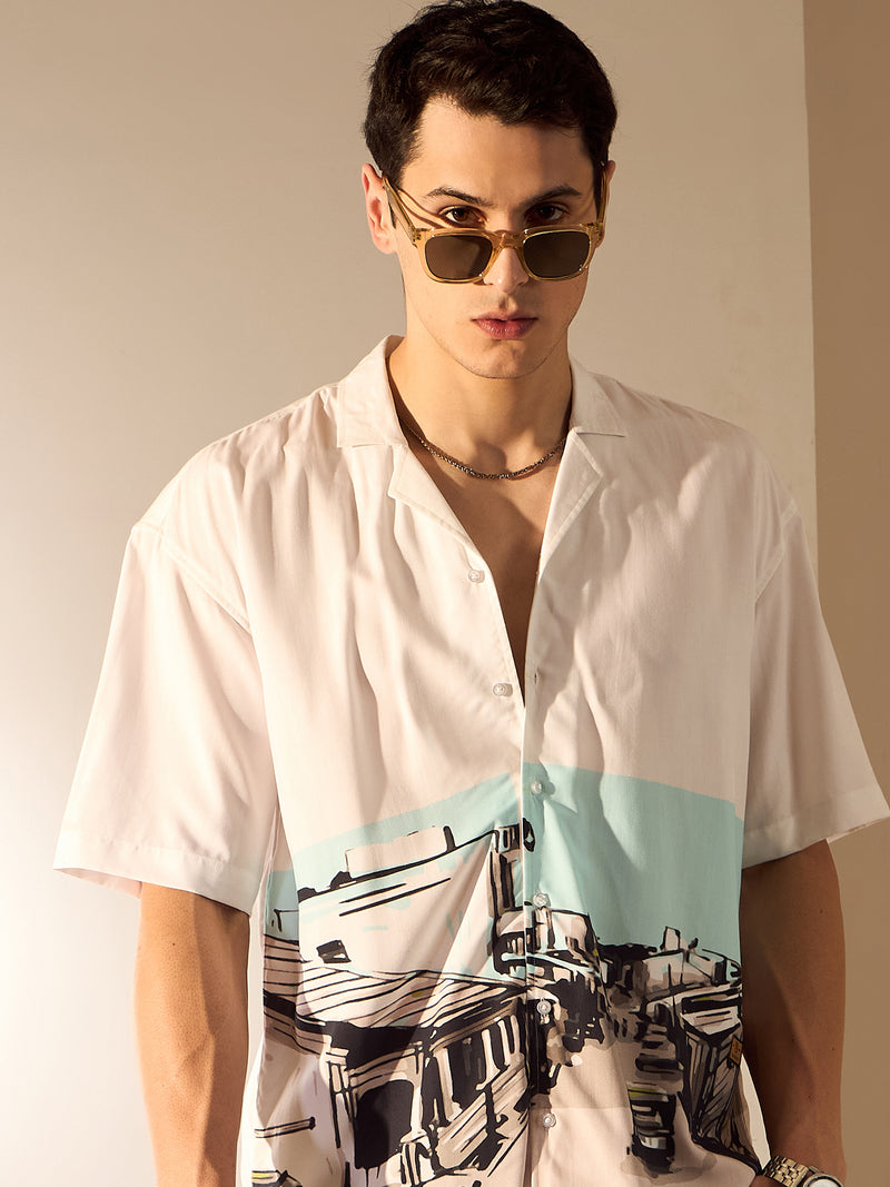 White: Placement Printed Oversized Shirt