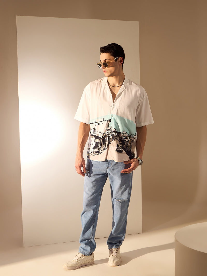 White: Placement Printed Oversized Shirt