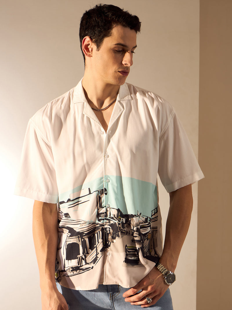 White: Placement Printed Oversized Shirt