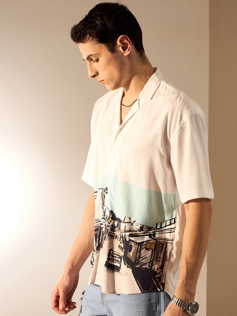 White: Placement Printed Oversized Shirt