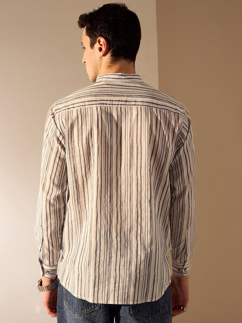 Grey & White: Striped Printed Sustainable Short Kurta