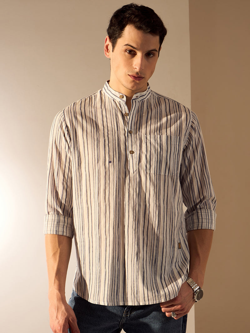 Grey & White: Striped Printed Sustainable Short Kurta