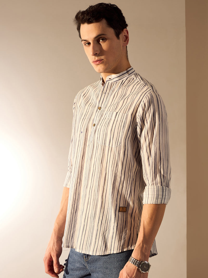 Grey & White: Striped Printed Sustainable Short Kurta