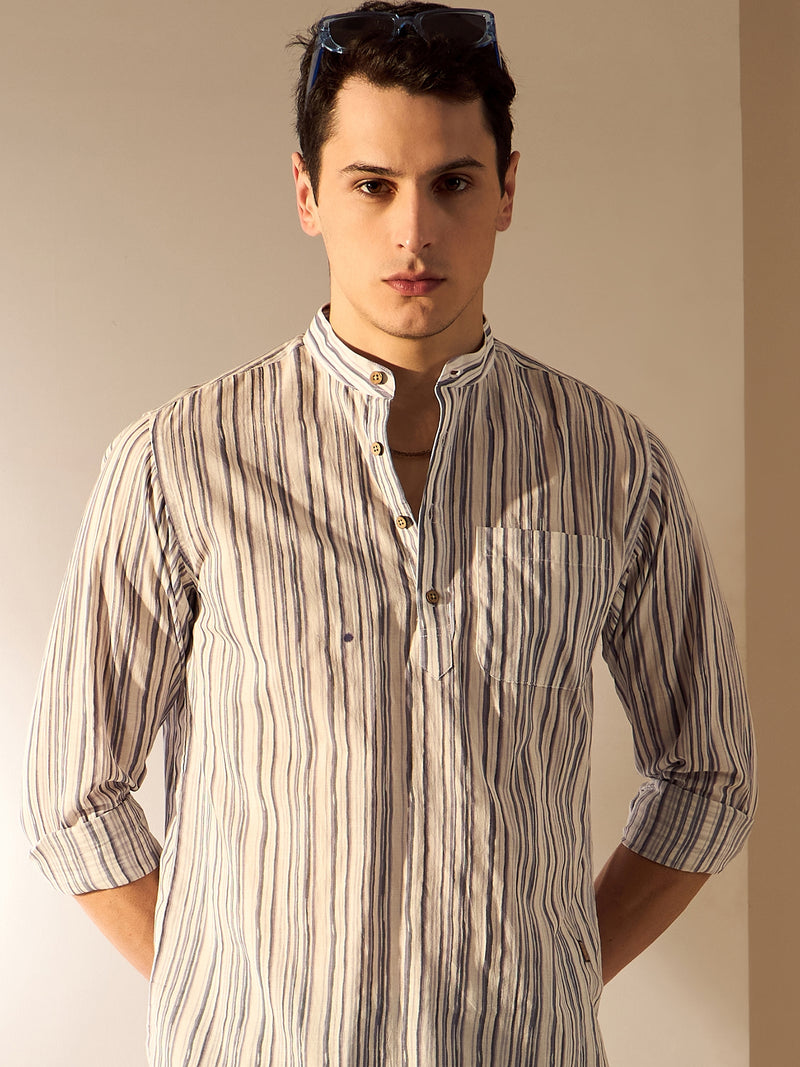 Grey & White: Striped Printed Sustainable Short Kurta