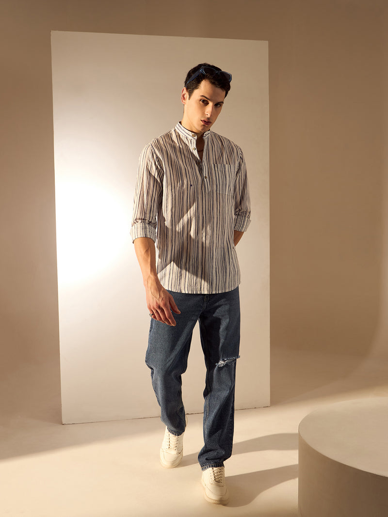 Grey & White: Striped Printed Sustainable Short Kurta