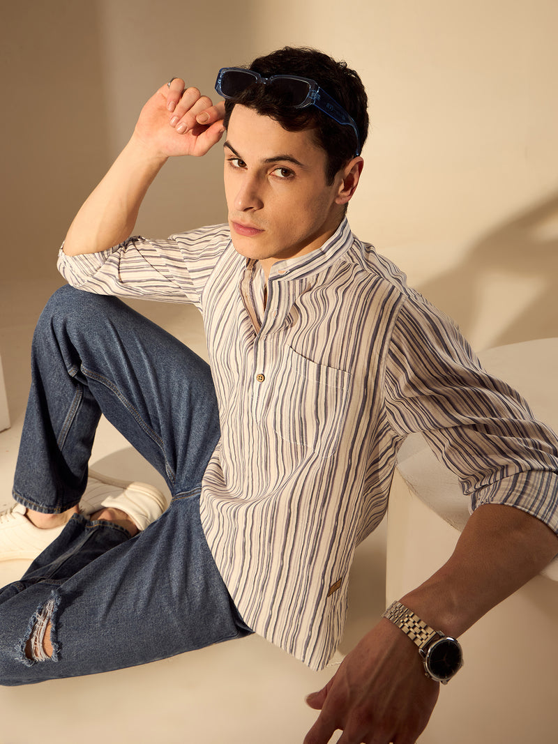 Grey & White: Striped Printed Sustainable Short Kurta