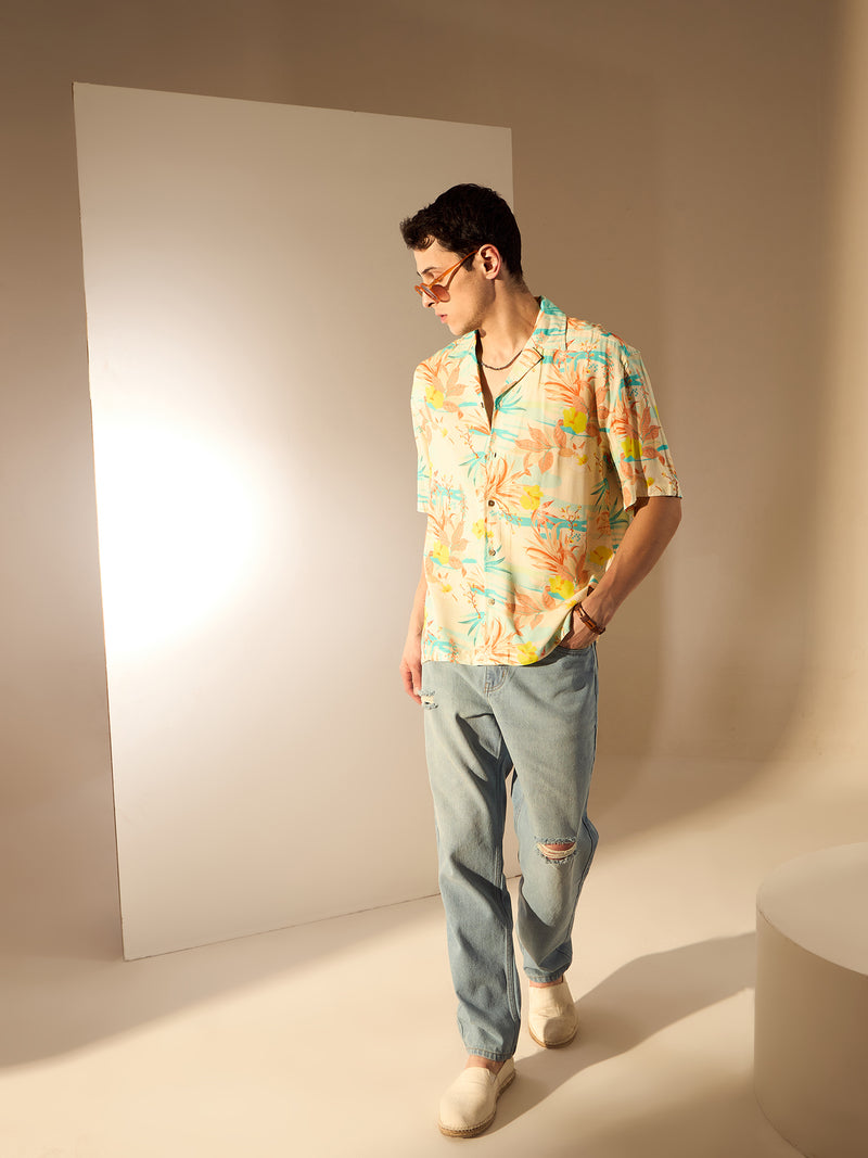 Cream & Orange: Half Sleeves Floral Printed Oversized Shirt