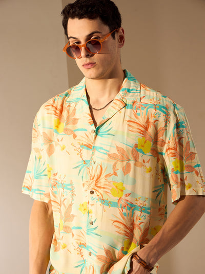 Cream & Orange: Half Sleeves Floral Printed Oversized Shirt