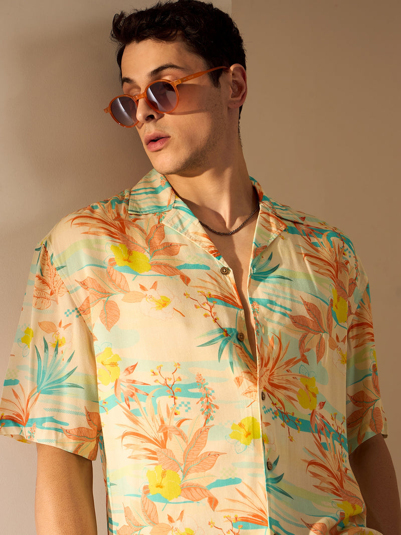 Cream & Orange: Half Sleeves Floral Printed Oversized Shirt