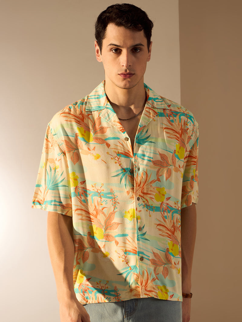 Cream & Orange: Half Sleeves Floral Printed Oversized Shirt