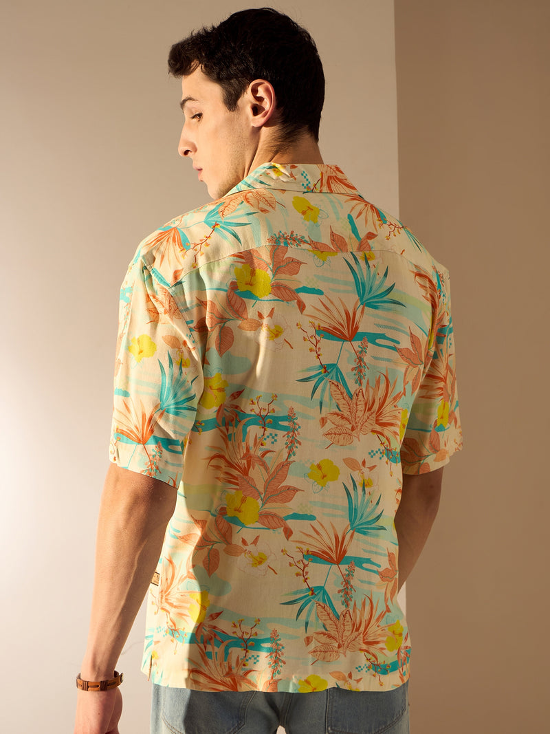 Cream & Orange: Half Sleeves Floral Printed Oversized Shirt