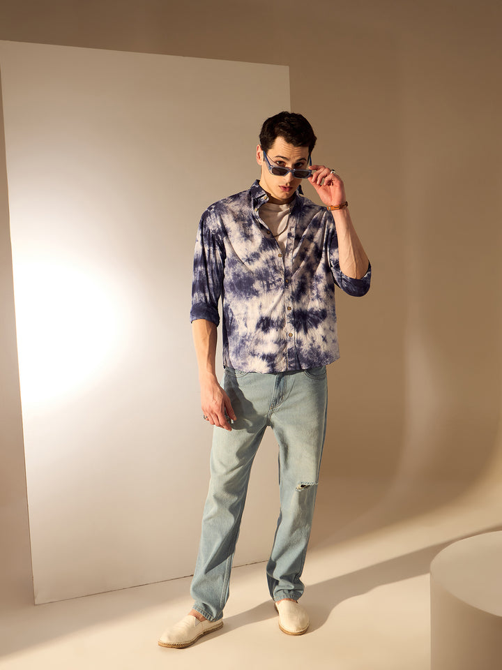 Blue & White: Tie and Dye Oversized Cotton Shirt