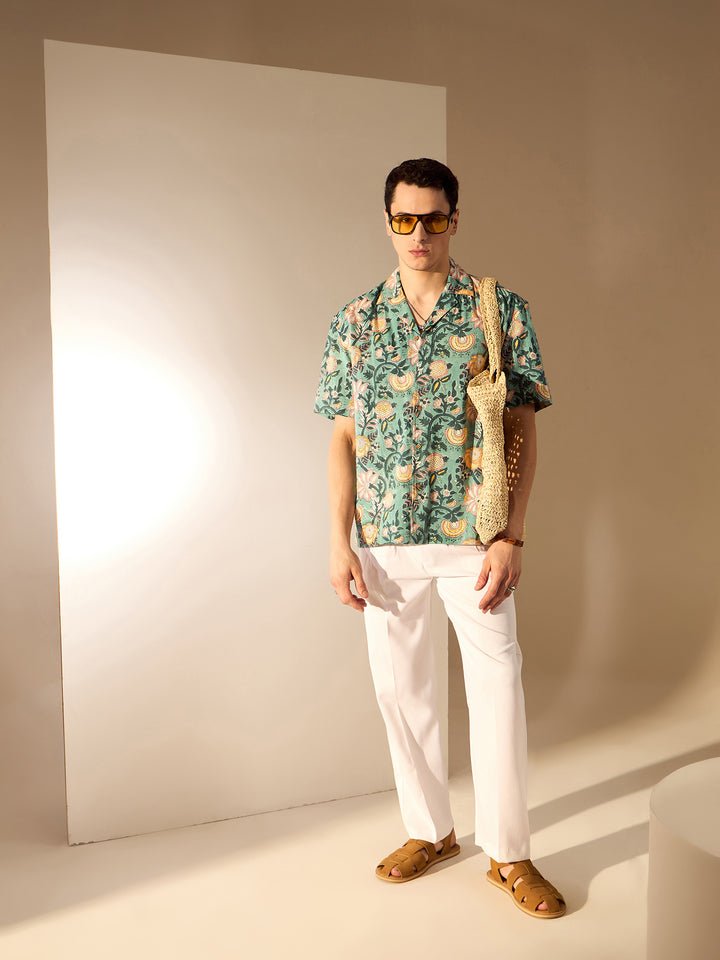Green: Hand Block Printed Oversized Shirt