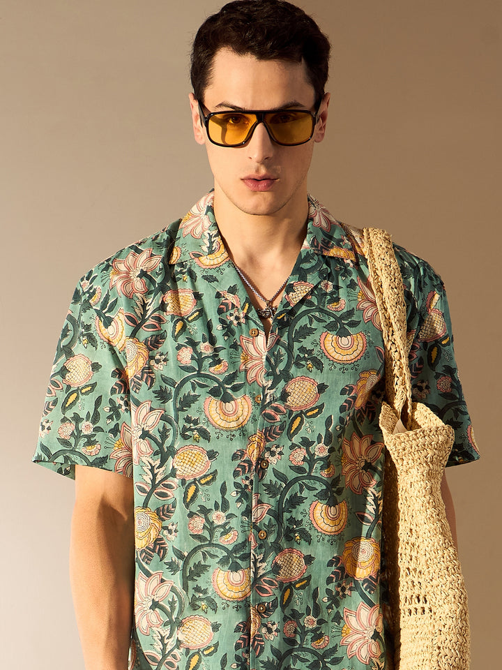 Green: Hand Block Printed Oversized Shirt