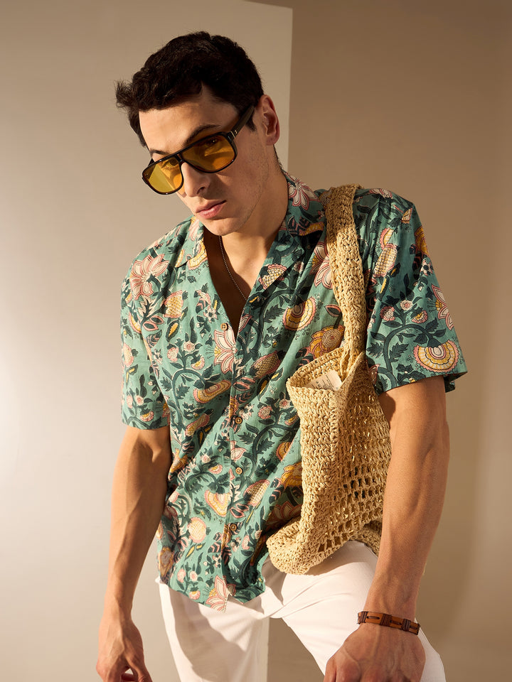 Green: Hand Block Printed Oversized Shirt