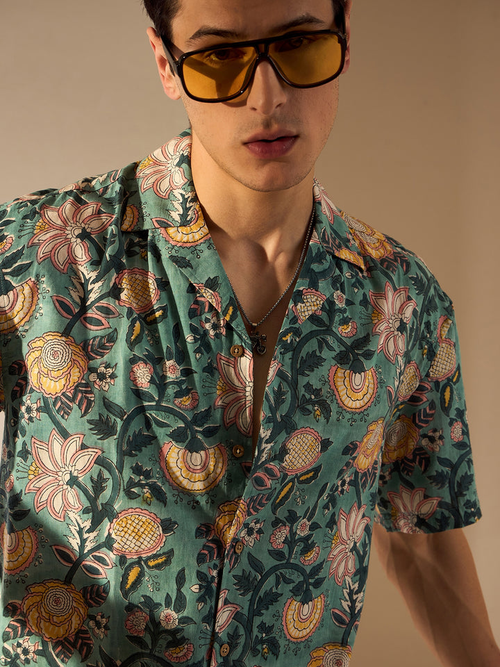 Green: Hand Block Printed Oversized Shirt