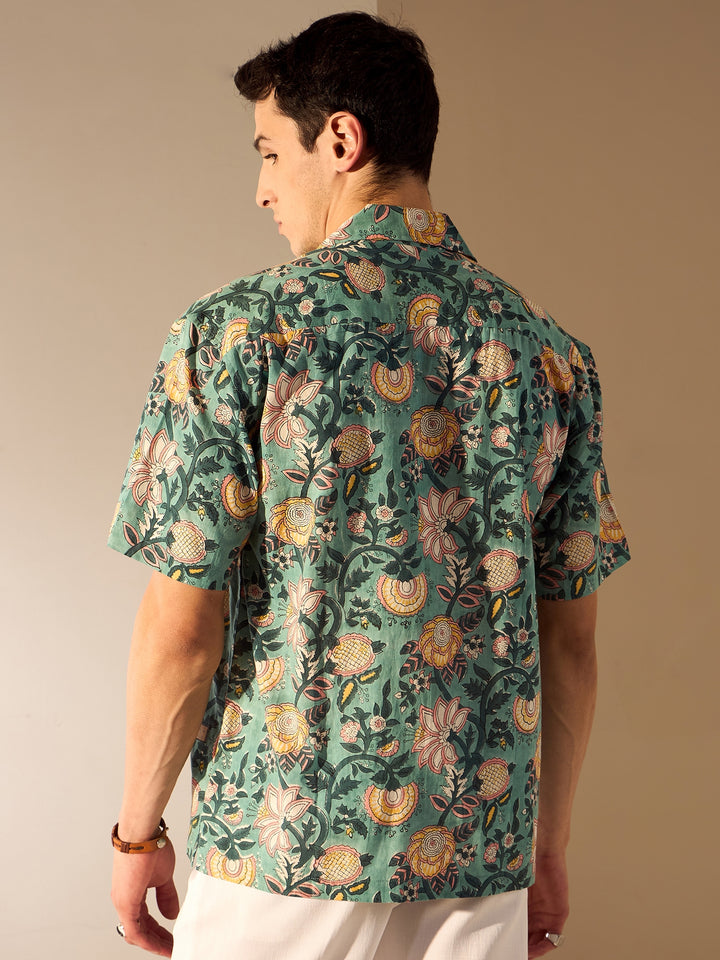 Green: Hand Block Printed Oversized Shirt