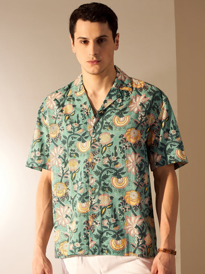 Green: Hand Block Printed Oversized Shirt