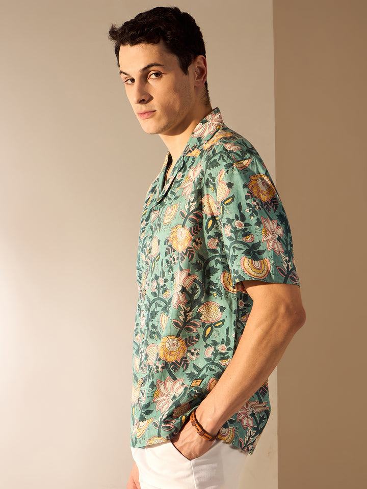 Green: Hand Block Printed Oversized Shirt