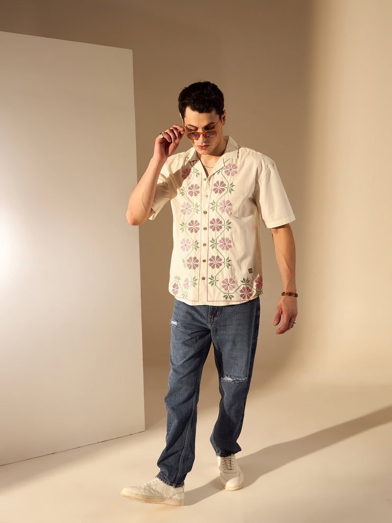 White: Half Sleeves Embroidery Shirt
