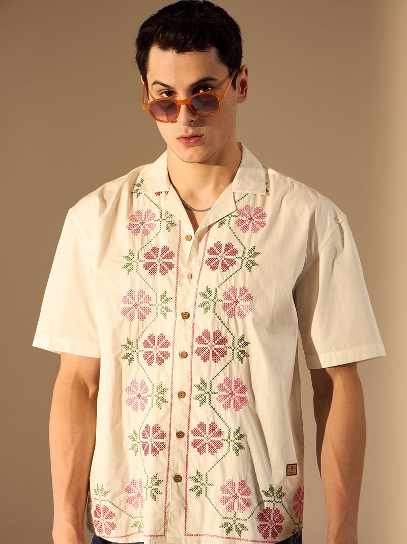 White: Half Sleeves Embroidery Shirt