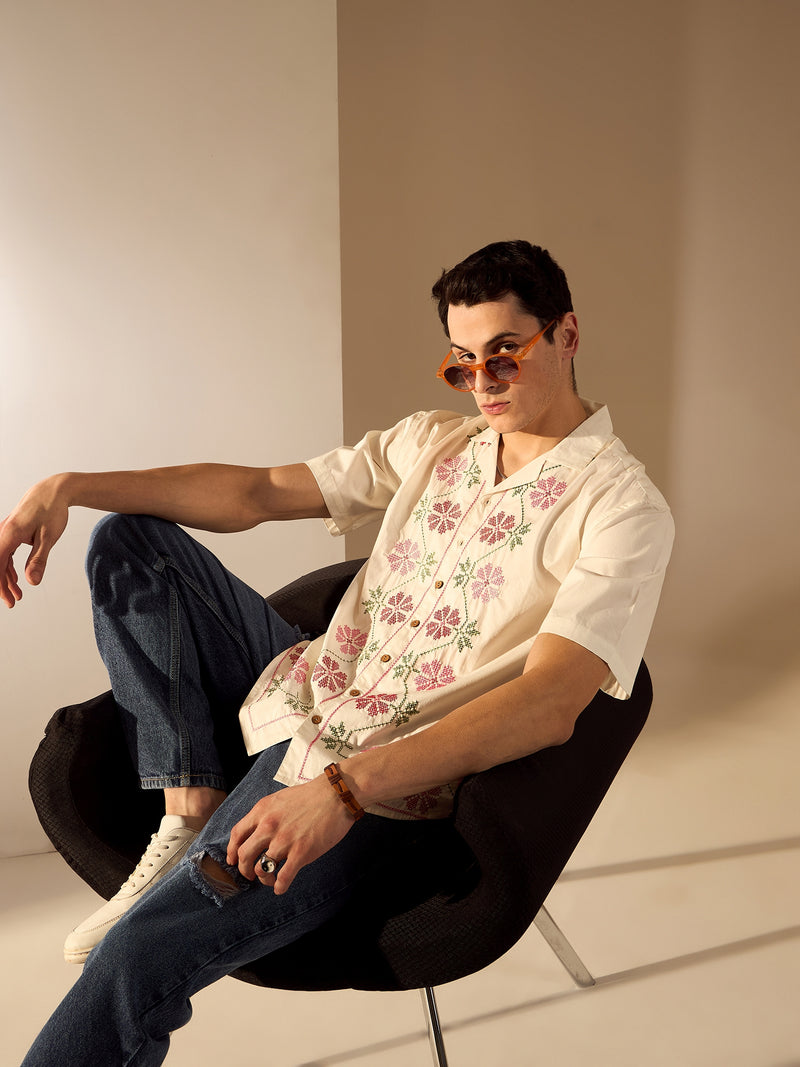 White: Half Sleeves Embroidery Shirt