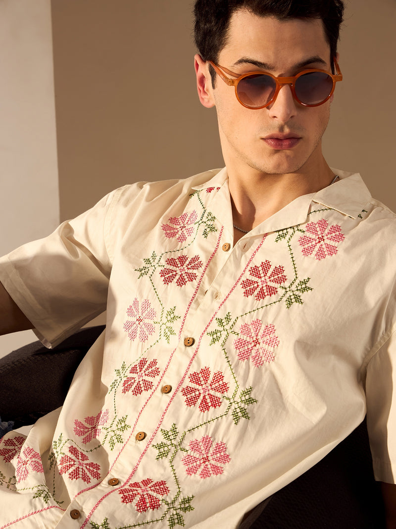 White: Half Sleeves Embroidery Shirt