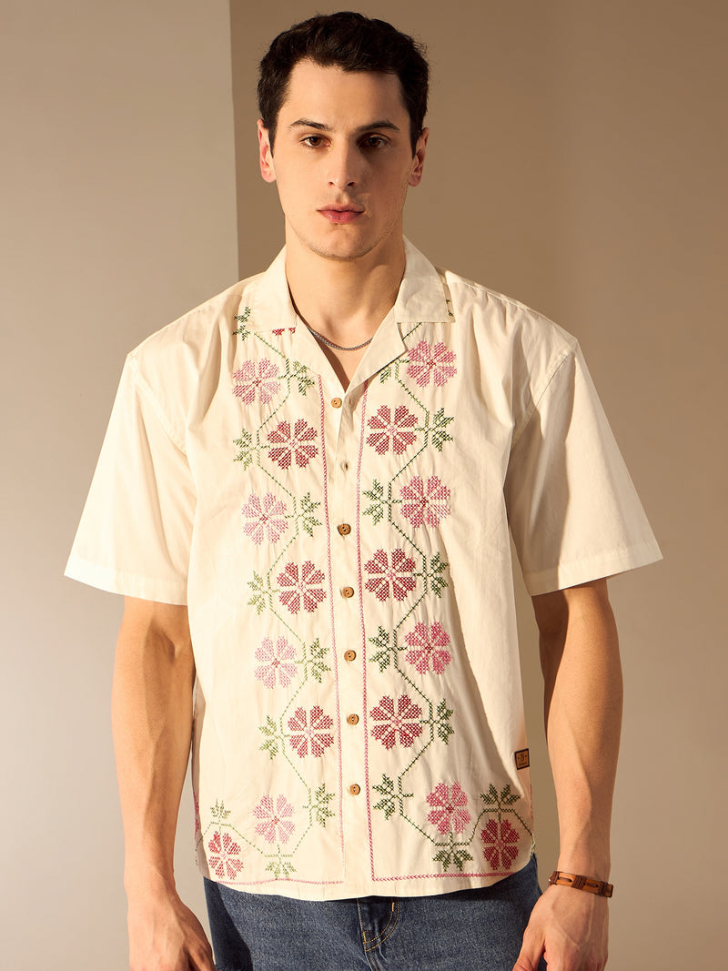 White: Half Sleeves Embroidery Shirt