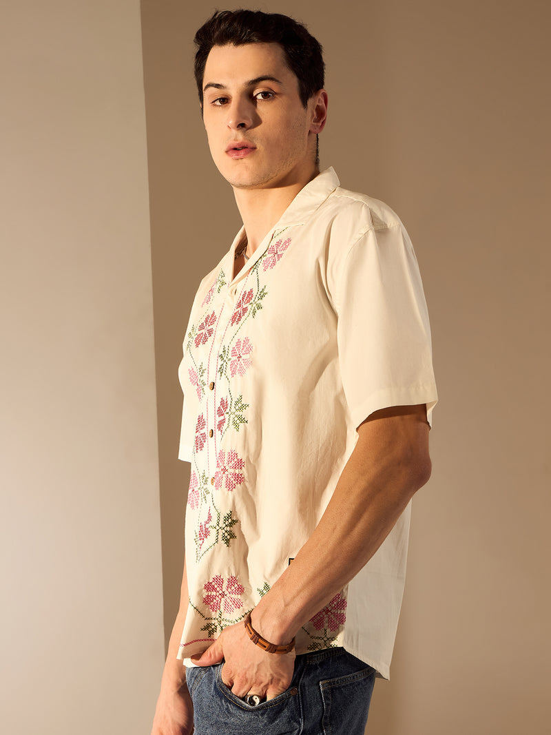 White: Half Sleeves Embroidery Shirt