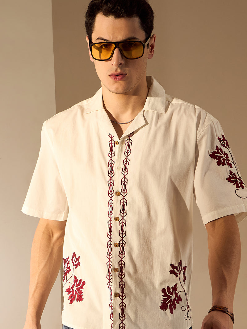 Off White: Embroidery Cotton Shirt
