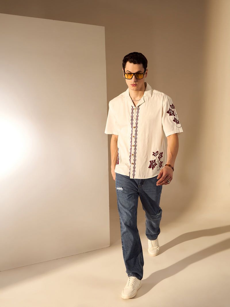 Off White: Embroidery Cotton Shirt