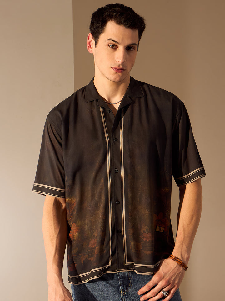 Black: Placement Print Rayon Oversized Shirt