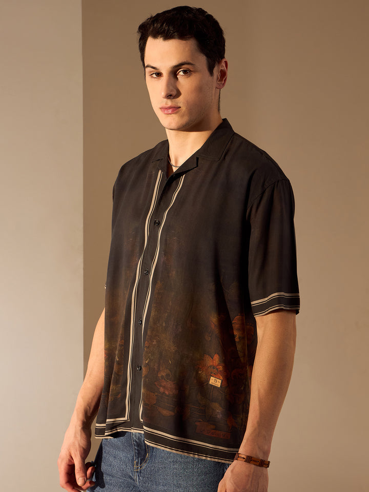 Black: Placement Print Rayon Oversized Shirt