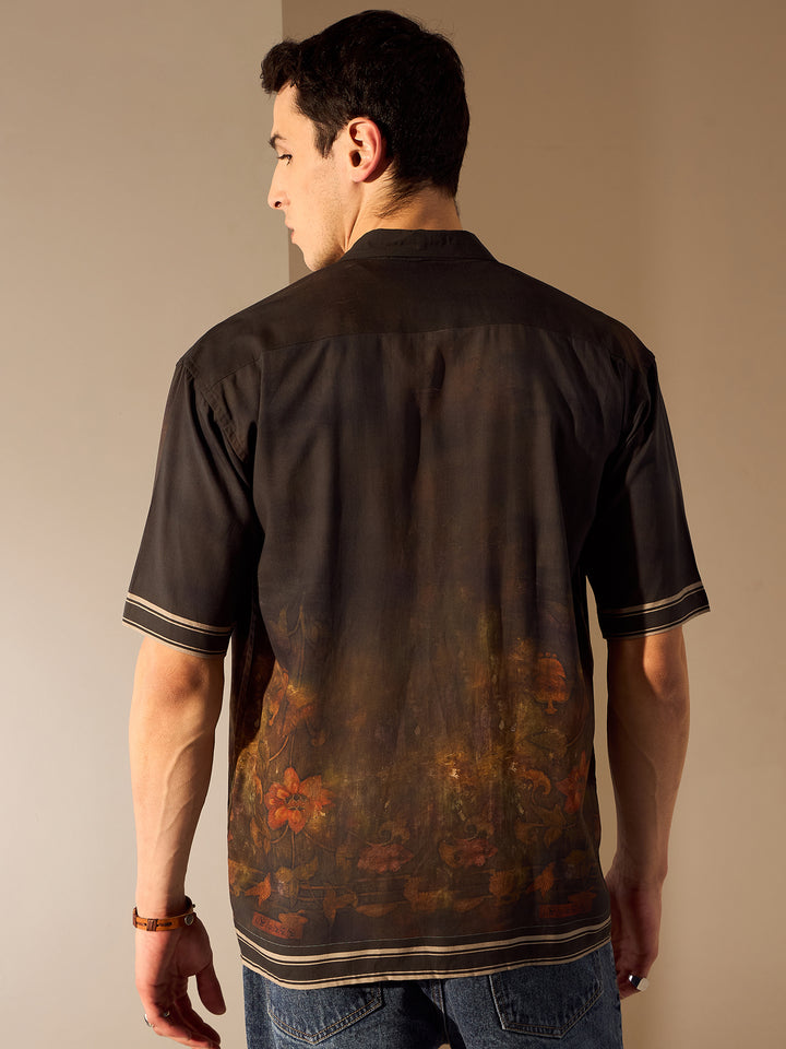 Black: Placement Print Rayon Oversized Shirt