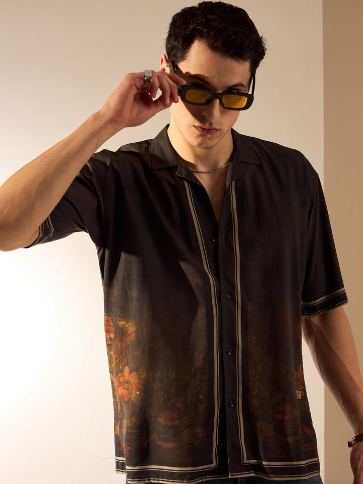 Black: Placement Print Rayon Oversized Shirt
