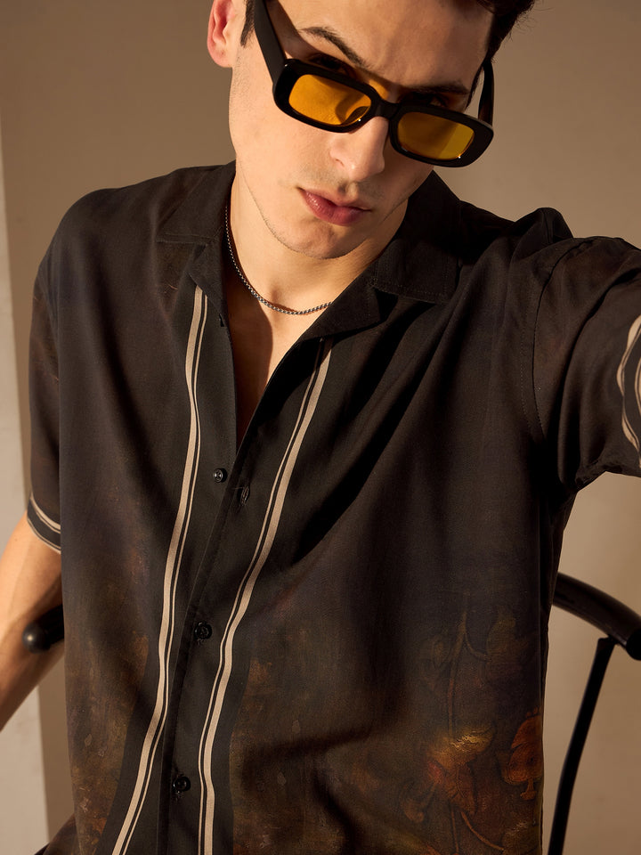 Black: Placement Print Rayon Oversized Shirt