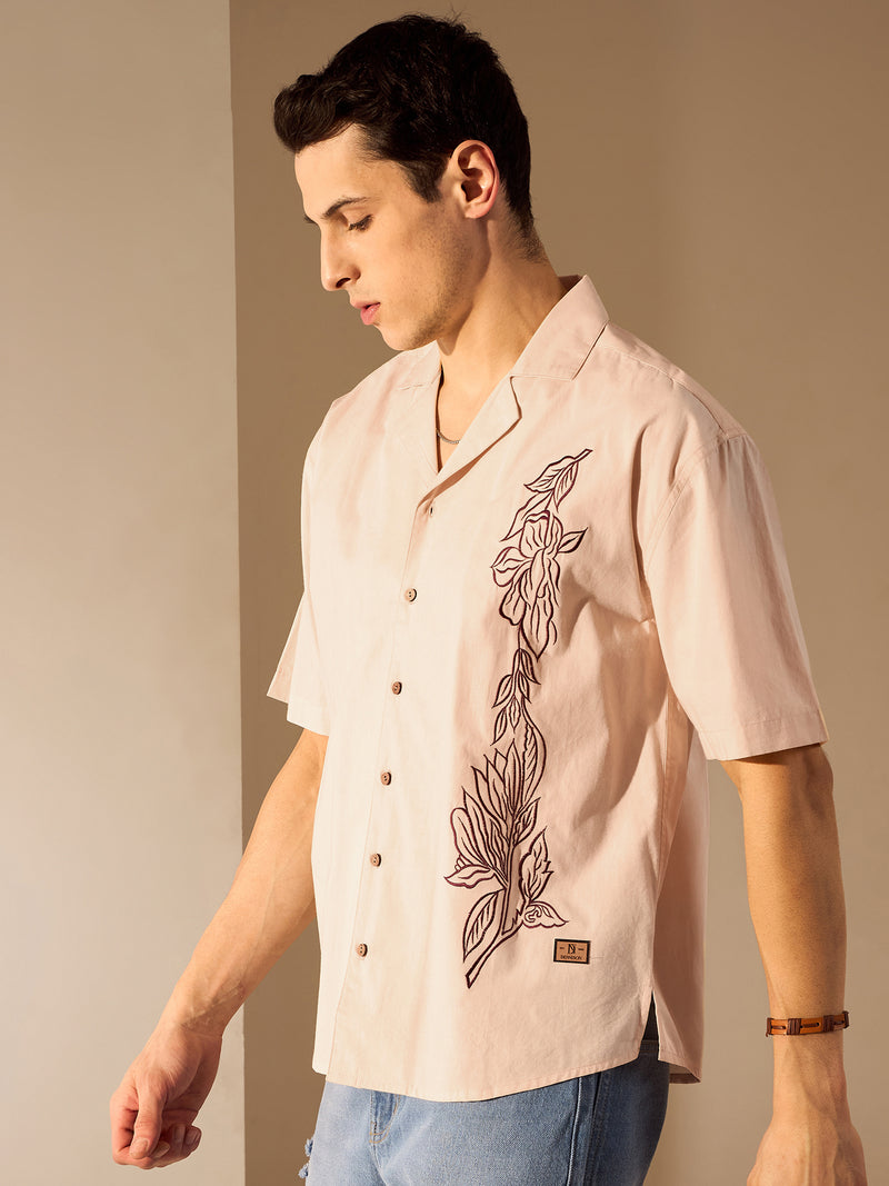 Beige: Half Sleeves Floral Embroidery Oversized Shirt