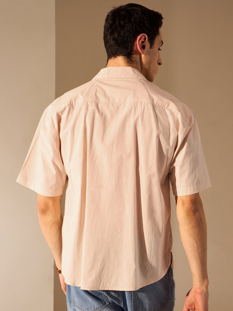 Beige: Half Sleeves Floral Embroidery Oversized Shirt