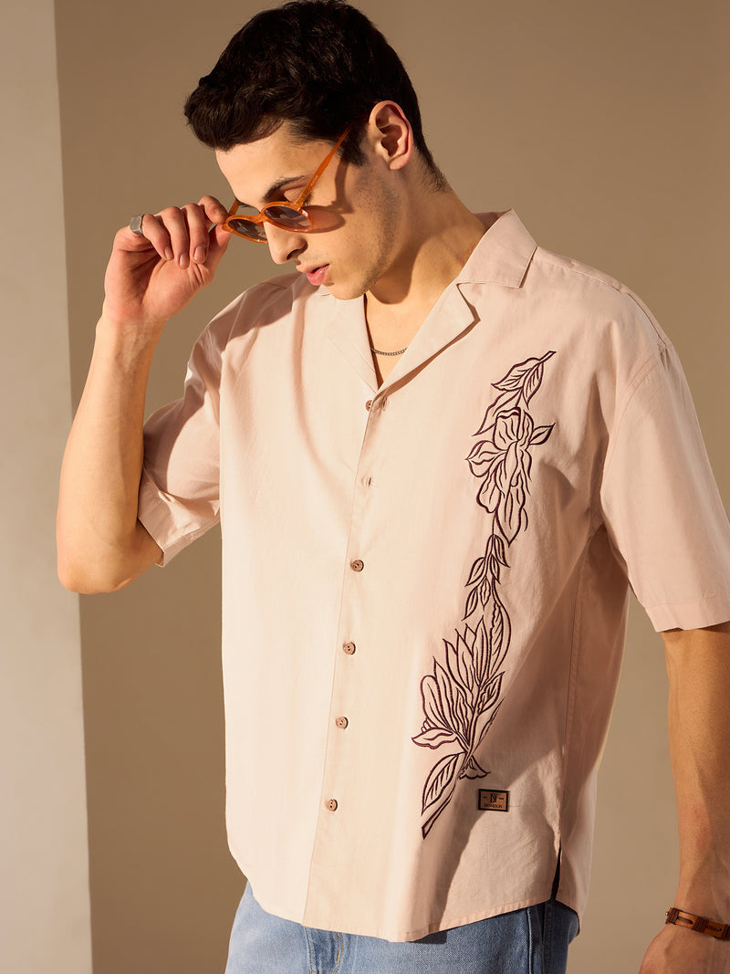 Beige: Half Sleeves Floral Embroidery Oversized Shirt