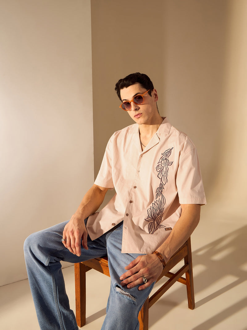 Beige: Half Sleeves Floral Embroidery Oversized Shirt