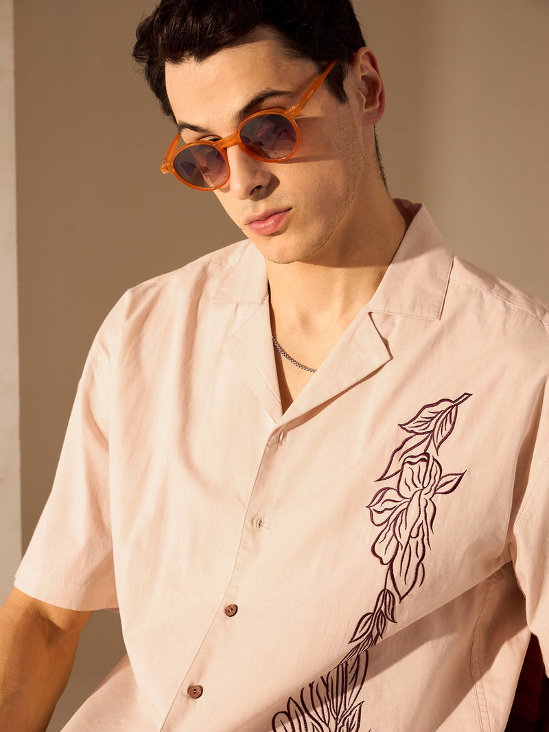 Beige: Half Sleeves Floral Embroidery Oversized Shirt